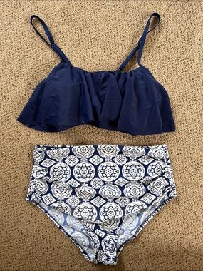 Navy Ruffle Bikini Set with Printed High-Waist Bottoms
